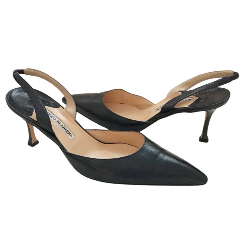 Manolo Blahnik Navy Napa Leather Pointed Toe Slingback Pumps Size 40 1/2